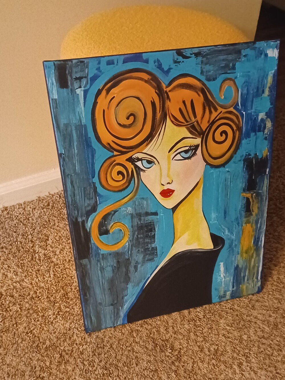 Original Acrylic Turquoise Background Portrait Painting with Gold Hair - Picture 6 of 7